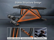 Orange and black adjustable fitness bench with structural details on a dark background