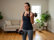 Woman doing strength training with adjustable dumbbells at home