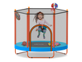 Child playing inside a trampoline with basketball hoop and sports ball toys on a white background