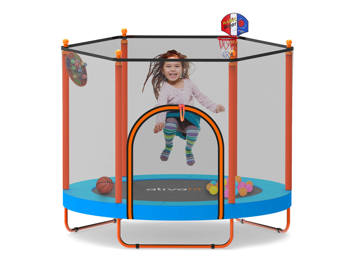 Child playing inside a trampoline with basketball hoop and sports ball toys on a white background