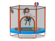 Child playing inside a trampoline with basketball hoop and sports ball toys on a white background