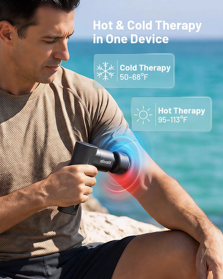 Man using an ativafit massage gun for hot and cold therapy by the ocean.
