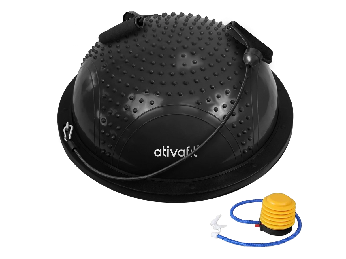 Black massage half balance ball with textured surface and black base for stability training