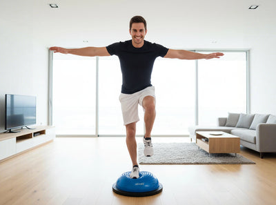a man is standing on a massage half balance ball at home