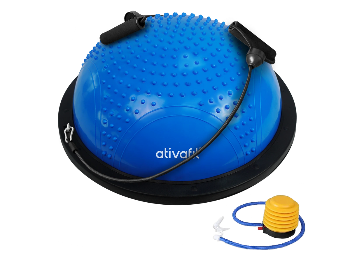 Blue massage half balance ball with textured surface and black base for fitness exercises
