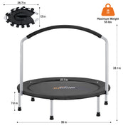 A kids fitness trampoline with a black jumping mat, silver metal frame, and black handlebar, shown with dimension labels, a spare black spring cover, and a maximum weight of 55 lbs icon on a white background.