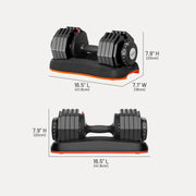 Adjustable dumbbells shown on a stand with dimension labels indicating width, height, and depth on a light gray background.