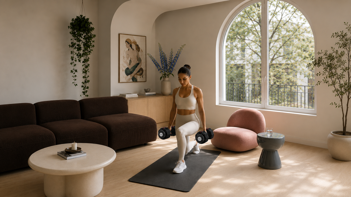 Adjustable dumbbells arranged for a small home gym