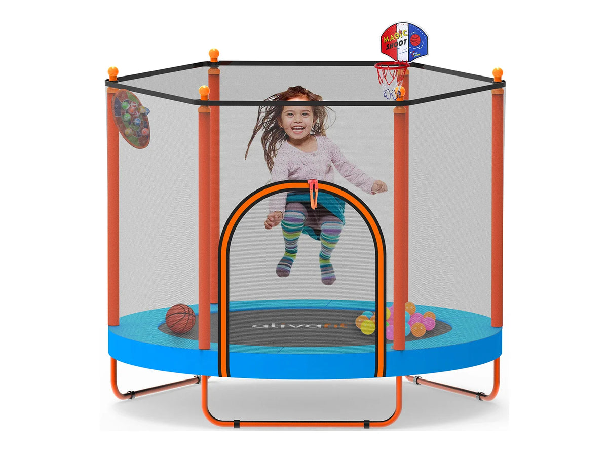 a kid is jumping happily in a trampoline with net