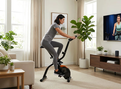Woman exercising on a stationary foldablebike in a living room with plants and a TV.