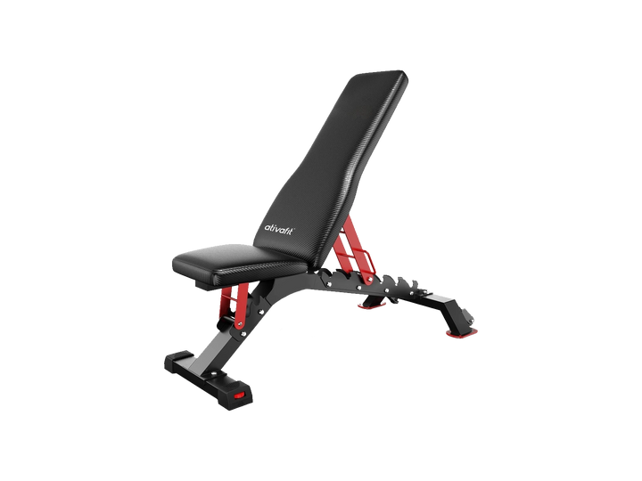 Ativafit Apex Pro adjustable workout bench with black padding and red frame