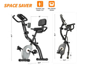 Space-saving exercise bike with dimensions and user suitability information on a white background