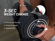 Person adjusting a weightlifting adjustable dumbbell with instructions on weight change.