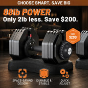88lb Adjustable dumbbells in a black and gray set displayed on a wooden surface with promotional text overlays highlighting 88lb power and features like space-saving design, durability, and quick adjustment.