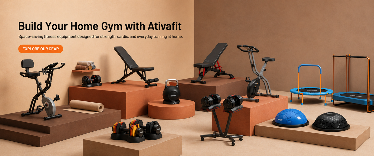 Home gym equipment displayed on platforms with a beige background and text promoting Ativafit.