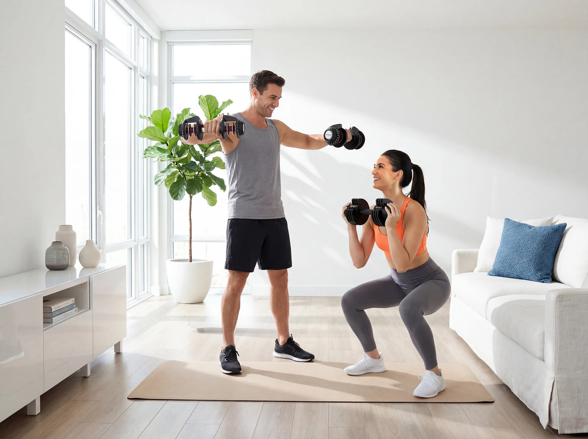Two people exercising with ativafit adjustable dumbbells in a living room.