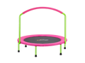 Pink and green trampoline with handle on a white background