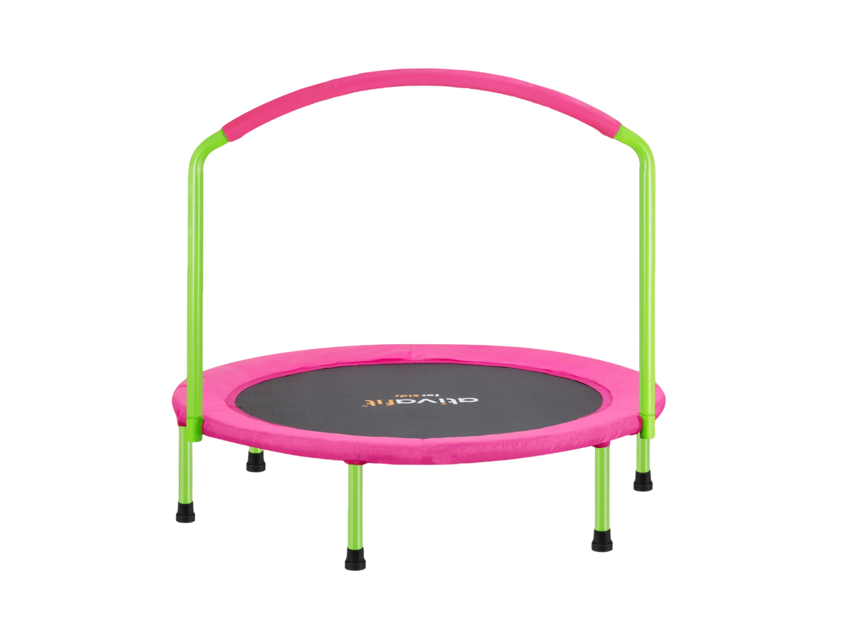 Pink and green trampoline with handle on a white background
