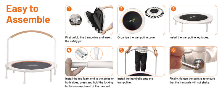 Instruction diagram showing how to assemble a mini trampoline, with numbered steps from 1 to 8 and a small trampoline pictured on the left. The diagram includes text such as 'Easy to Assemble' and describes unfolding the trampoline, organizing the cover, installing leg tubes, adding foam and poles, attaching handrails, and tightening screws.