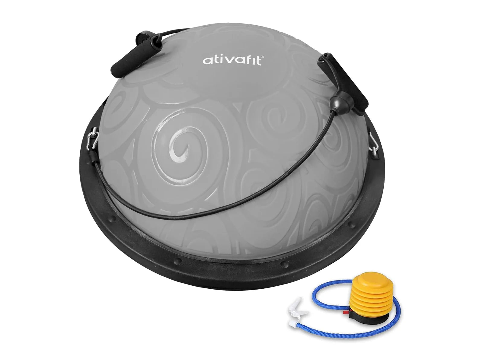 Gray exercise half balance ball with black handle and pump on a white background, featuring 'ativafit' branding.