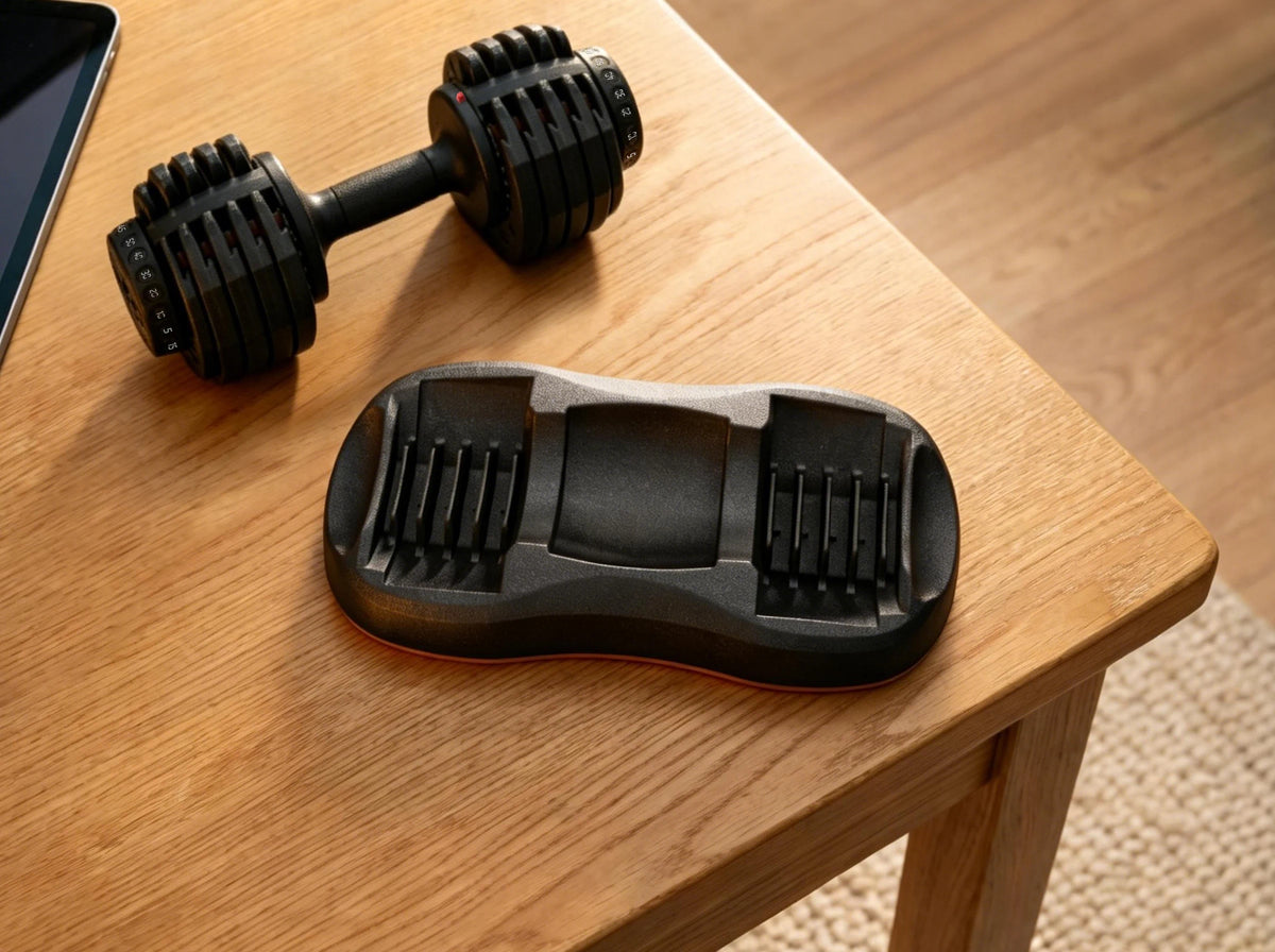 Ativafit adjustable dumbbells and tray on a wooden surface