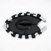 A black padded curved support pad or cushion with adjustable black straps attached to a silver metal frame, photographed on a clean white background.