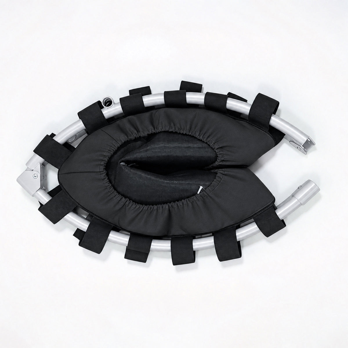 A black padded curved support pad or cushion with adjustable black straps attached to a silver metal frame, photographed on a clean white background.