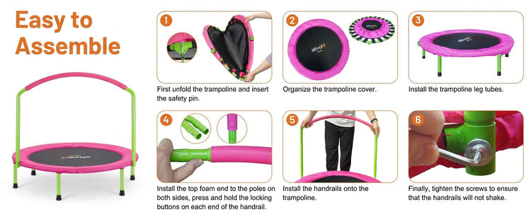 Instructional assembly graphic for a small trampoline, showing the trampoline on the left and six numbered steps with small photos and text on the right, including how to unfold, insert the safety pin, organize the cover, install leg tubes, set the foam, attach handrails, and tighten screws.