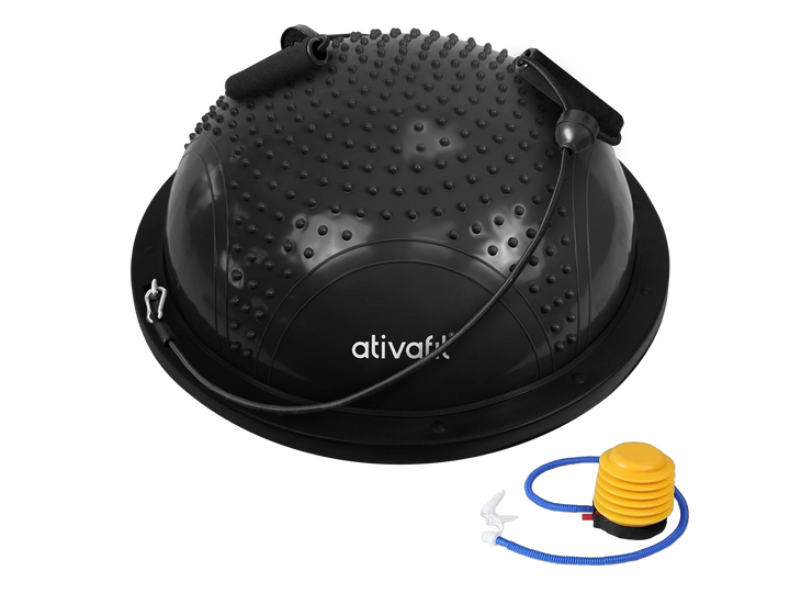 Black massage half balance ball with textured surface and black base for stability training