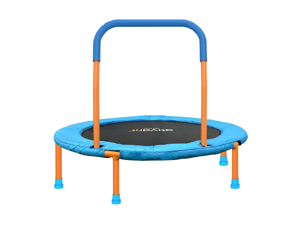 Blue and orange trampoline with handle on a white background